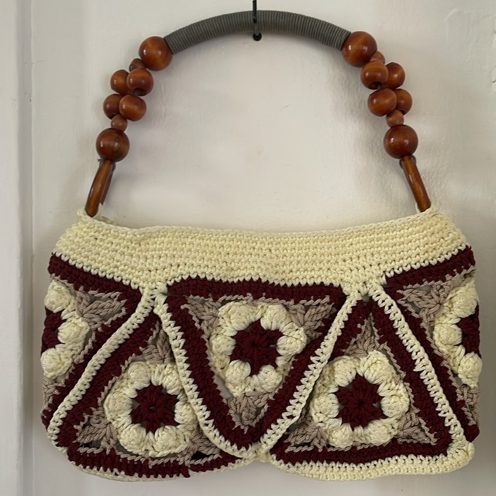 Vintage Crochet Purse with Wooden Beaded Handle Cream, Brown and Gray